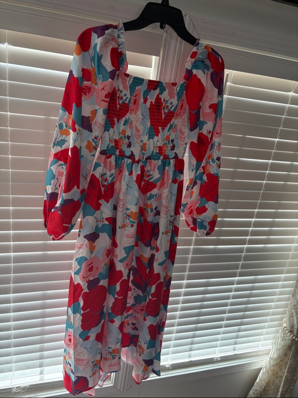 Floral Smocked Midi Dress in Red, Teal & Pink